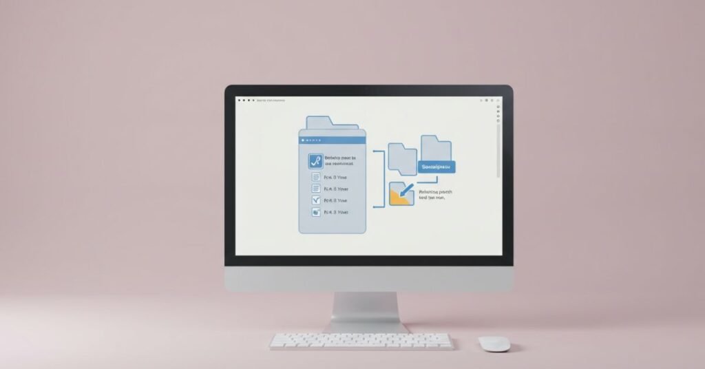 A clean educational illustration showing a computer screen with concept of Soutaipasu (relative path). Minimal modern design with a soft tech background.
