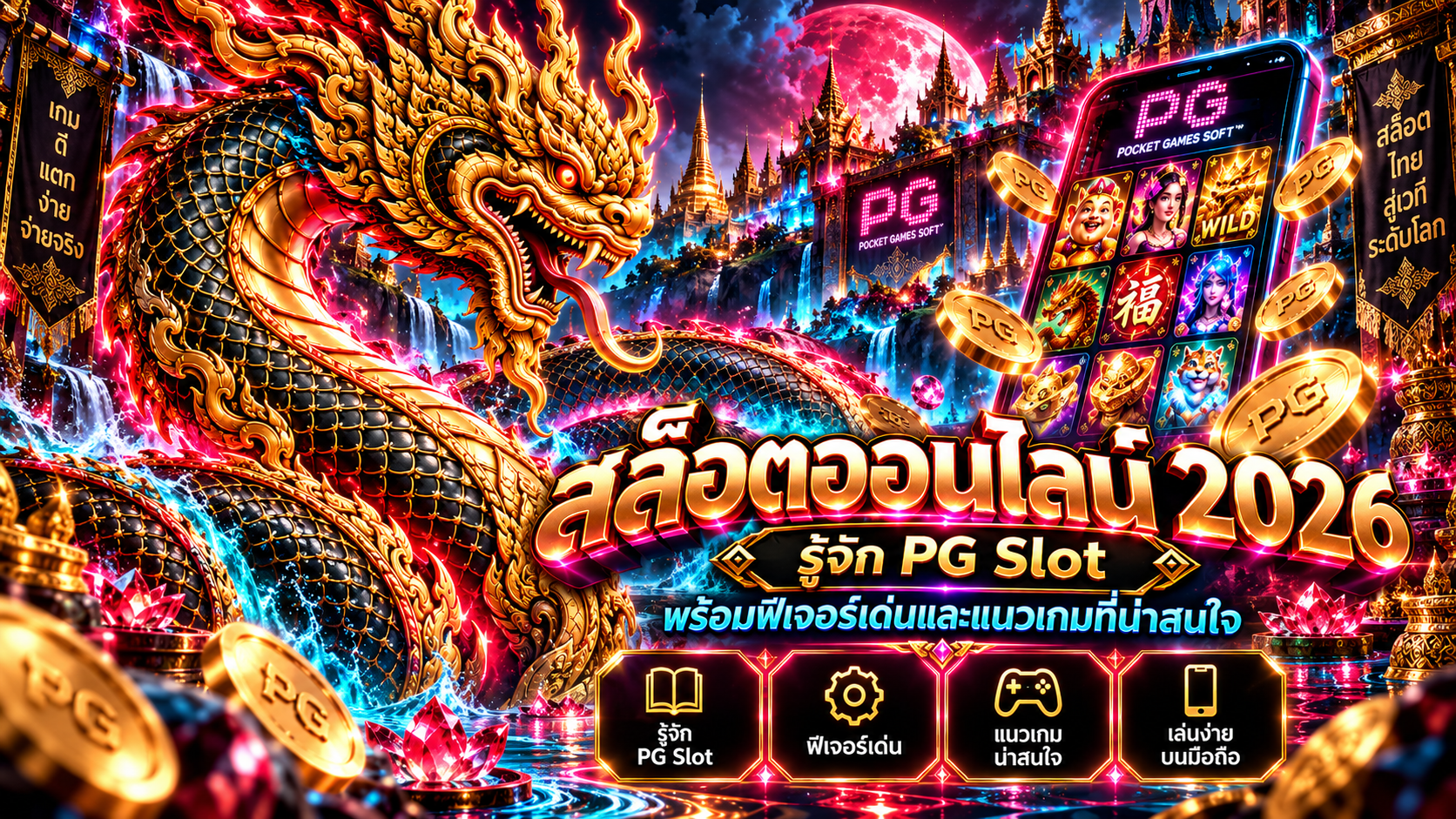 หน้าจอเกมสล็อตสมมติสำหรับอธิบายสัญลักษณ์และกติกา